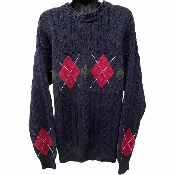 VINTAGE Woods & Gray Mens L Cotton Sweater Argyle Crew Neck Pullover Long Sleeve - Picture 1 of 8